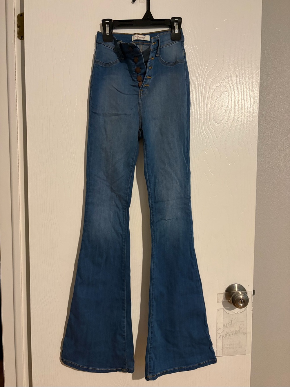 High-Rise Button-Fly Flare Jeans in Medium Blue